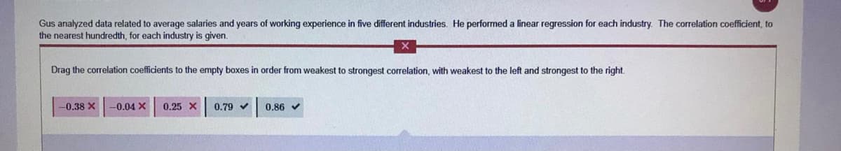 Gus analyzed data related to average salaries and years of working experience in five different industries. He performed a linear regression for each industry. The correlation coefficient, to
the nearest hundredth, for each industry is given.
Drag the correlation coefficients to the empty boxes in order from weakest to strongest correlation, with weakest to the left and strongest to the right.
-0.38 X
-0.04 X
0.25 X
0.79 v
0.86 v
