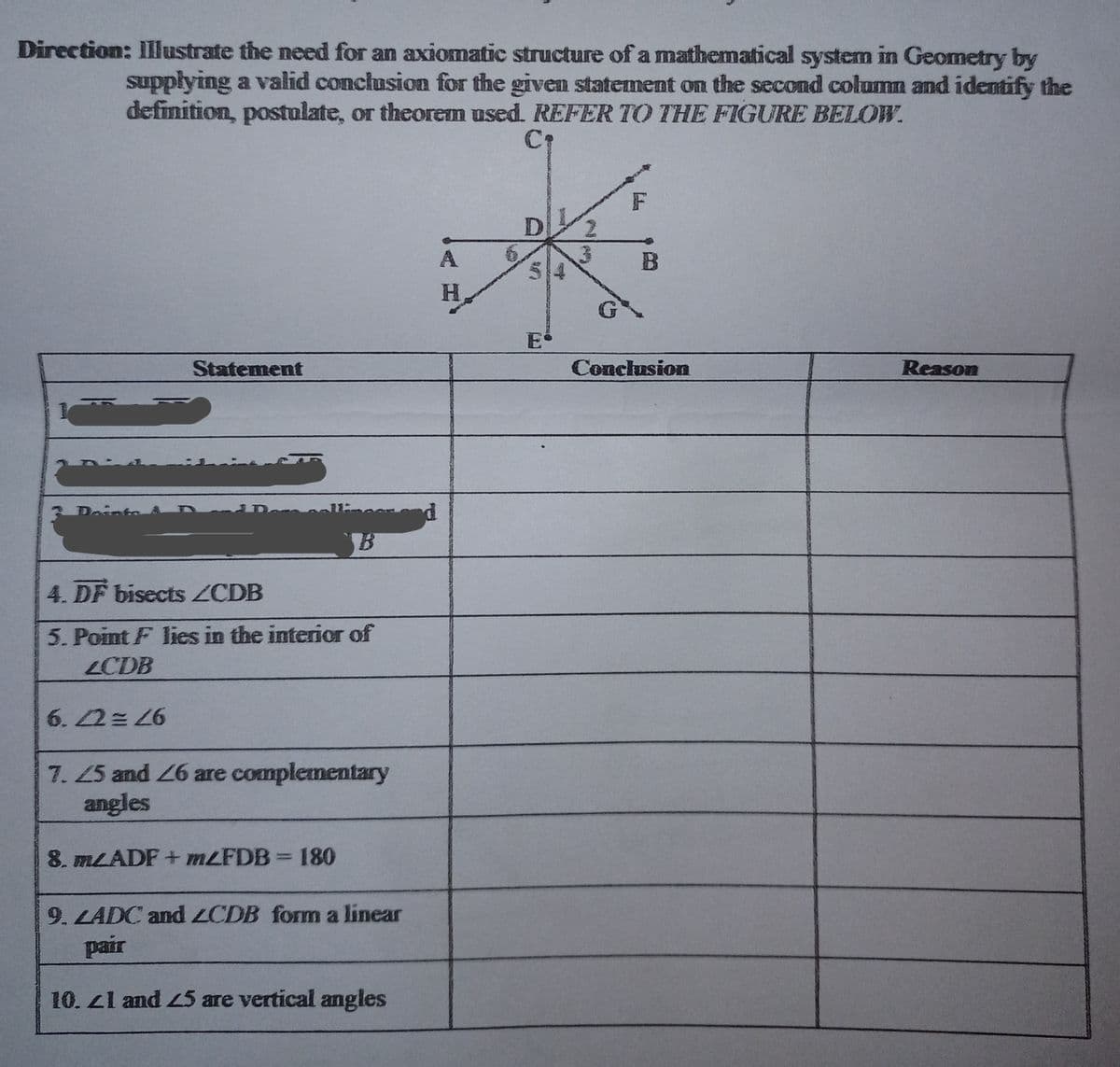 Direction: Illustrate the need for an axiomatic structure of a mathematical system in Geometry by
supplying a valid conclusion for the given statement on the second column and identify the
definition, postulate, or theorem used. REFER TO THE FIGURE BELOW.
F
A
H₂
Statement
Conclusion
Reason
4. DF bisects /CDB
5. Point F lies in the interior of
LCDB
6.42 = 26
7.25 and 26 are complementary
angles
8. m/ADF + m2FDB = 180
9. LADC and LCDB form a linear
pair
10. 21 and 25 are vertical angles
179
E