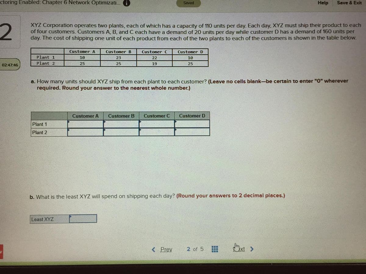 ctoring Enabled: Chapter 6 Network Optimizati. 6
Help
Save & Exit
Saved
XYZ Corporation operates two plants, each of which has a capacity of 110 units per day. Each day, XYZ must ship their product to each
of four customers. Customers A, B, and C each have a demand of 20 units per day while customer D has a demand of 160 units per
day. The cost of shipping one unit of each product from each of the two plants to each of the customers is shown in the table below.
Customer A
Customer B
CustomerC
Customer D
Plant 1
10
23
22
10
02:47:46
Plant 2
25
25
19
25
a. How many units should XYZ ship from each plant to each customer? (Leave no cells blank-be certain to enter "0" wherever
required. Round your answer to the nearest whole number.)
Customer A
Customer B
Customer C
Customer D
Plant 1
Plant 2
b. What is the least XYZ will spend on shipping each day? (Round your answers to 2 decimal places.)
Least XYZ
< Prev
2 of 5
xt >
