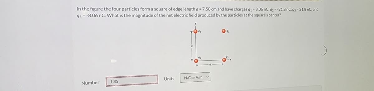 In the figure the four particles form a square of edge length a = 7.50 cm and have charges q₁ = 8.06 nC, 92= -21.8 nC, 93= 21.8 nC, and
94 = -8.06 nC. What is the magnitude of the net electric field produced by the particles at the square's center?
Number
1.35
Units
-091
N/C or V/m
92