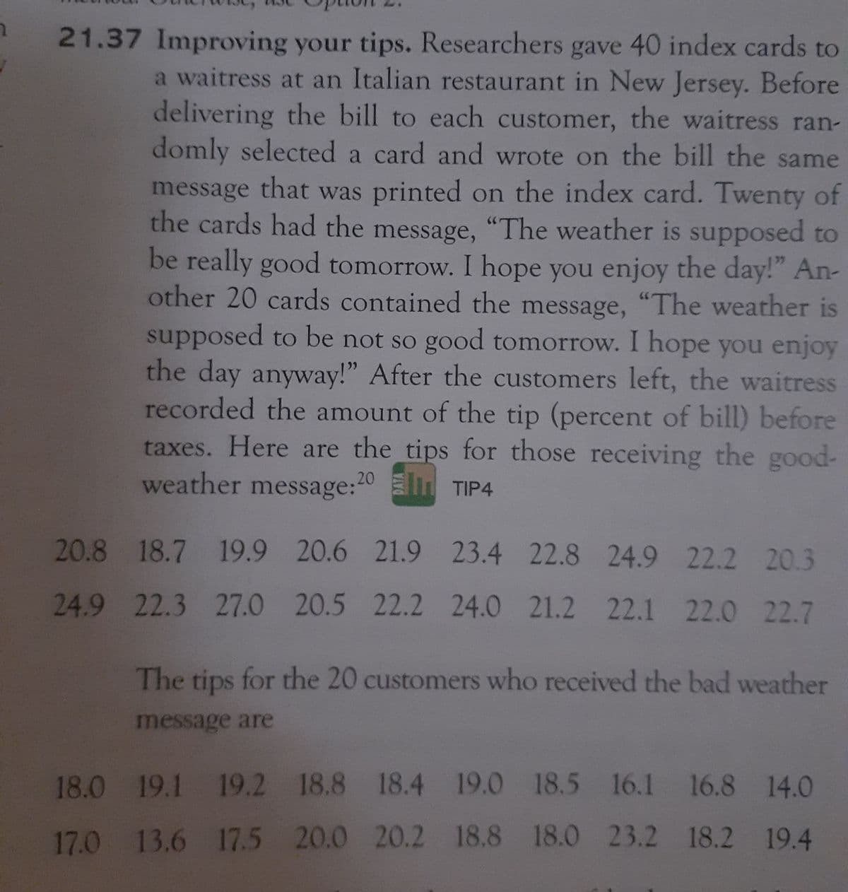 21.37 Improving your tips. Researchers gave 40 index cards to
a waitress at an Italian restaurant in New Jersey. Before
delivering the bill to each customer, the waitress ran-
domly selected a card and wrote on the bill the same
message that was printed on the index card. Twenty of
the cards had the message, "The weather is supposed to
be really good tomorrow. I hope you enjoy the day!" An-
other 20 cards contained the message, "The weather is
supposed to be not so good tomorrow. I hope you enjoy
the day anyway!" After the customers left, the waitress
recorded the amount of the tip (percent of bill) before
taxes. Here are the tips for those receiving the good-
weather message:20 m TIP4
20.8 18.7 19.9 20.6 21.9 23.4 22.8 24.9 22.2 20.3
24.9 22.3 27.0 20.5 22.2 24.0 21.2 22.1 22.0 22.7
The tips for the 20 customers who received the bad weather
message are
18.0 19.1 19.2 18.8 18.4 19.0 18.5 16.1 16.8 14.0
17.0 13.6 17.5 20.0 20.2 18.8 18.0 23.2 18.2 19.4
