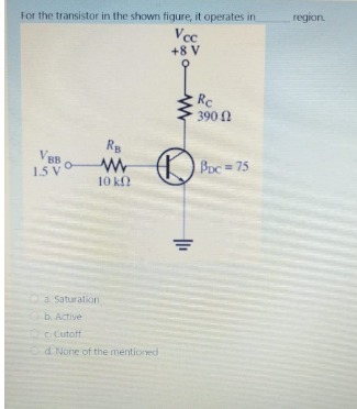 region.
For the transistor in the shown figure, it operates in
Vcc
+8 V
Rc
390 0
Rg
VBB
1.5 V
O Boc = 75
10 k
Oa. Saturation
Ob. Active
OC Cutoff
d. None of the mentioned
