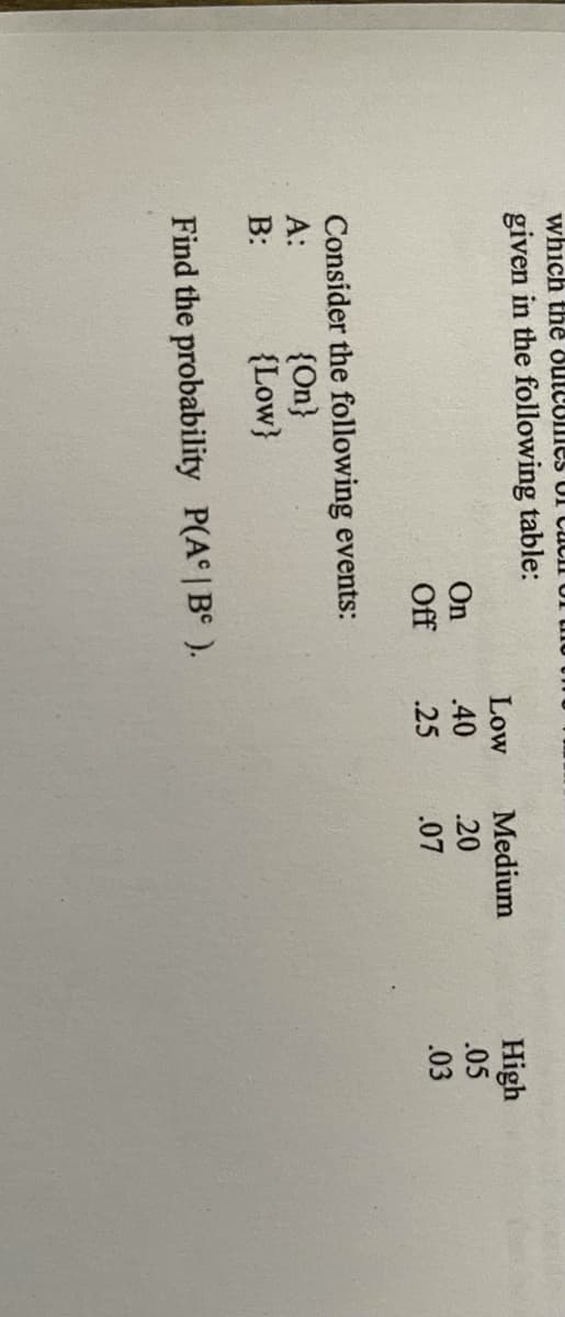 which the oulComeS UI
given in the following table:
High
.05
.03
Low
Medium
On
.40
.20
Off
.25
.07
Consider the following events:
{On}
{Low}
A:
B:
Find the probability P(A° | Be ).
