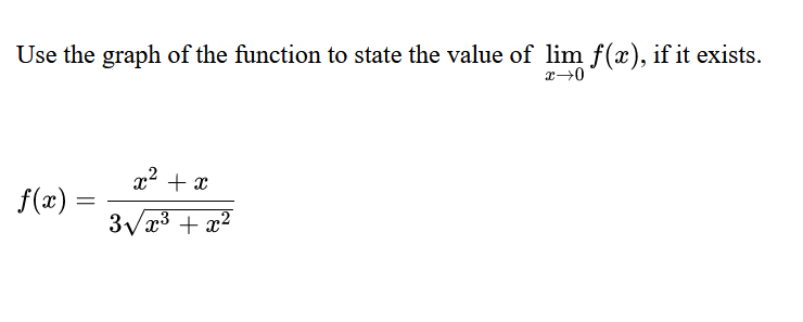 Use the graph of the function to state the value of lim f(x), if it exists.
x→0
f(x)
=
x² + x
3√x³ + x²