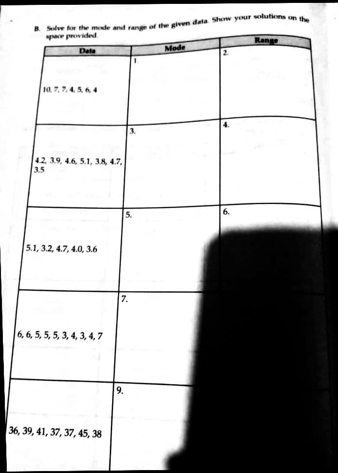 B. Solve for the mode and range of the given data. Show your solutions on the
space provided.
Range
Data
Mode
2.
10, 7, 7, 4, 5, 6, 4
4.
3.
4.2, 3.9, 4.6, 5.1, 3.8, 4.7,
3.5
5.
6.
5.1, 3.2, 4.7, 4.0, 3.6
7.
6, 6, 5, 5, 5, 3, 4, 3, 4, 7
9.
36, 39, 41, 37, 37, 45, 38
