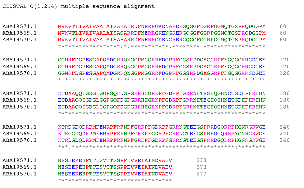 CLUSTAL O(1.2.4) multiple sequence alignment
ABA19571.1
MVKVTLIVAIVAALAISAHAERDFNERRGKENARERGQGGFEGRPGGMQTGSPRQDGGPM
60
ABA19569.1
MVKVTLIVAIVAALAISAQARRDFNERRGKENGRERGQGGFGGRPGGMQTGSPRQDGGPM
60
ABA19570.1
MVKVTLIVAIVAALAISAHARRDFNERRGKENGRERGQGGFGGRPGGMQTGSPRQDGGPM
60
************* *****: *, *****
***** ********
***
****
ABA19571.1
GGMRFDGPESGAPQMDGRRQNGGPMGGRRFDGPRFGGSRPDGAGGRPFFGQGGRRGDGEE
120
ABA19569.1
GGMRFDGPESGAPQMDGRRQNGGPMGGRRFDGPRFGGSRPDGAGGRPFFGQGGRRGDGEE
120
ABA19570.1
GGMRFDGPESGAPQMDGRRQNGGPMGGRRFDGPRFGGSRPDGAGGRPFFGQGGRRSDGEE
120
**********
********
:*******
***********
****
ABA19571.1
ETDAAQQIGDGLGGPGQFDGPGRRHHGRKPFGDRPFGRRNHTEGHQGHNETGDHPHRHHN
180
ABA19569.1
ETDAAQQIGDGLGGPGQFDGPGRRHHGRKPFGDRPFGRRNHTEGHQGHNETGDHPHRHHN
180
ABA19570.1
ETDAAQQIGDGLGGPGQFDGPGRRHHGRKPFGDRPFGRRNHTEGHQGHNETGDHPHRHHN
180
****
**
****
ABA19571.1
KTRDGDQDRPMFEMRPFRFNPFGRKPFGDRPFGRRNGTEEGSPRRDGQRRPHGNRGRWGE
240
ABA19569.1
KTRGGDQDRPMFEMRPFRFNPFGRKPFGDRPFGRRNGTEEGSPRRDGQRRPYGNRGRWGE
240
ABA19570.1
KTRDGDQDRPMFEMRPFRFNPFGRKPFGDRPFGRRNGTEEGSPRRDGQRRPHGNRGRWGE
240
***, ******:
k**:********
ABA19571.1
NESEEKEHPTTESVTTSSPPEVVEIAINDVAEV
273
ABA19569.1
NESEEKEHPTTESVTTSSPPEVVEIAINDVAEV
273
ABA19570.1
NESEEKEHPTTESVTTSSPPEVVEIAINDVAEV
273
*********************************
