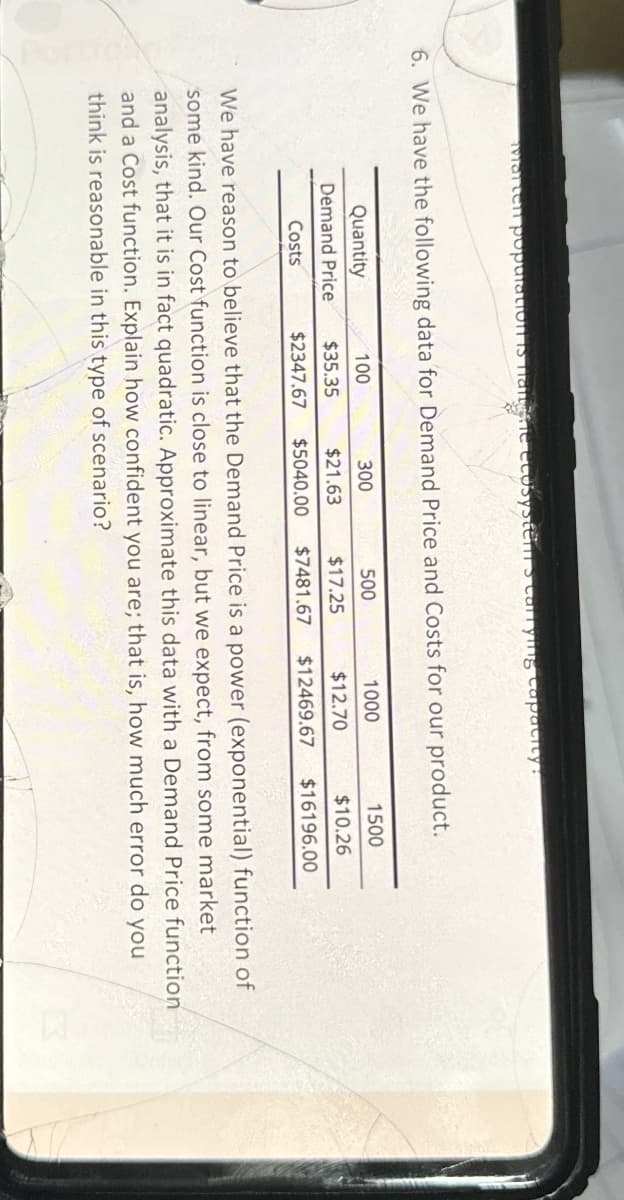 warten population
manghe ecosystem's Carrying capacity?
6. We have the following data for Demand Price and Costs for our product.
Quantity
Demand Price
Costs
300
100
$21.63
$35.35
$5040.00
$2347.67
500
$17.25
$7481.67
1000
$12.70
$12469.67
1500
$10.26
$16196.00
We have reason to believe that the Demand Price is a power (exponential) function of
some kind. Our Cost function is close to linear, but we expect, from some market
analysis, that it is in fact quadratic. Approximate this data with a Demand Price function
and a Cost function. Explain how confident you are; that is, how much error do you
think is reasonable in this type of scenario?
区