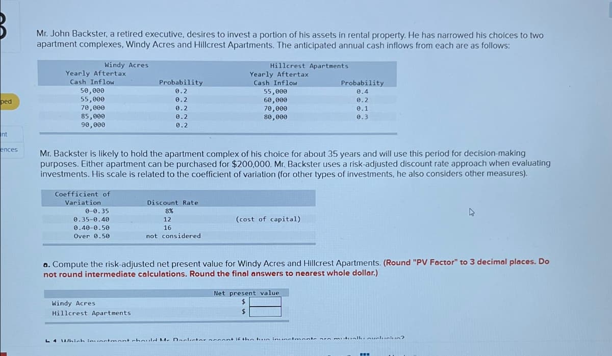ped
nt
ences
Mr. John Backster, a retired executive, desires to invest a portion of his assets in rental property. He has narrowed his choices to two
apartment complexes, Windy Acres and Hillcrest Apartments. The anticipated annual cash inflows from each are as follows:
Hillcrest Apartments
Yearly Aftertax
Windy Acres
Yearly Aftertax
Cash Inflow
Probability
Cash Inflow
50,000
0.2
55,000
55,000
0.2
60,000
70,000
0.2
85,000
90,000
0.2
0.2
70,000
80,000
Probability
0.4
0.2
0.1
0.3
Mr. Backster is likely to hold the apartment complex of his choice for about 35 years and will use this period for decision-making
purposes. Either apartment can be purchased for $200,000. Mr. Backster uses a risk-adjusted discount rate approach when evaluating
investments. His scale is related to the coefficient of variation (for other types of investments, he also considers other measures).
Coefficient of
Variation
0-0.35
8%
12
Discount Rate
(cost of capital)
16
Over 0.50
not considered
0.35-0.40
0.40-0.50
a. Compute the risk-adjusted net present value for Windy Acres and Hillcrest Apartments. (Round "PV Factor" to 3 decimal places. Do
not round intermediate calculations. Round the final answers to nearest whole dollar.)
Windy Acres
Hillcrest Apartments
Net present value
$
$
L4 Which investment should Mc Daclater accent if the tun investment
mutually aveluciu?