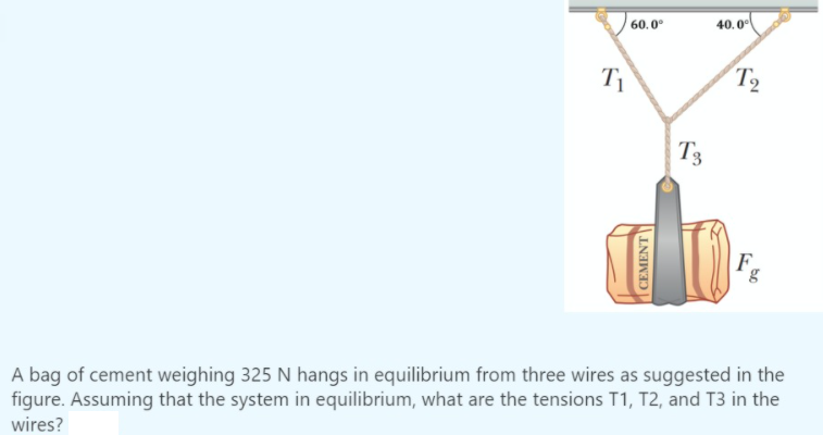 60.0°
40.0°
T
T2
T3
g
A bag of cement weighing 325 N hangs in equilibrium from three wires as suggested in the
figure. Assuming that the system in equilibrium, what are the tensions T1, T2, and T3 in the
wires?
CEMENT
