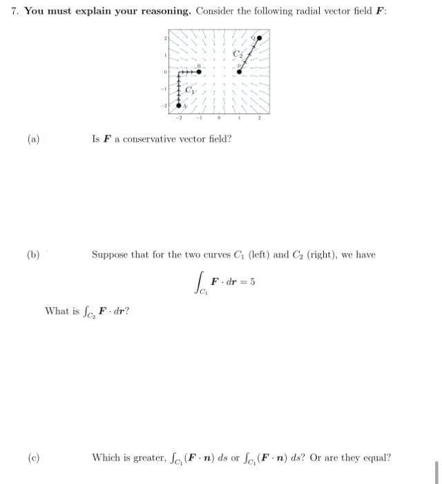 7. You must explain your reasoning. Consider the following radial vector field F:
(a)
Is Fa conservative vector field?
(b)
Suppose that for the two curves C (left) and C2 (right), we have
F. dr = 5
What is fe F dr?
(c)
Which is greater, fe (F n) ds or fo (F-n) ds? Or are they equal?
