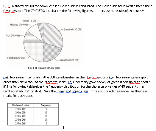 Q3 i): A survey of 500 randomly chosenindividualsis conducted. The individuals are askedto nametheir
faxorite sport. The STATISTIX pie chart inthe following figure summarizesthe results of this survey
Other (5.0%)-
Hockey (10.0%)-
-Baseball (30.0%)
Golf (10.0%)-
Footbal (25.0%)-
-Basketbal (20.0%)
Fig. 2-11 STATISTIX pie chart
La) How many individuals inthe 500 gave baseball astheirfavorite sport? (b) How mary gave a sport
other than basketball as their favorite sport? L) How many gave hockey or golf astheir favorite sport?
ii) Thefollowing table gives the frequency distribution for the cholesterol values of 45 patients ina
cardiacrehabilitation study. Givethe IgweLandupper class limits and boundaries as well asthe class
marks for each class
Chalastarol vala
Fraquancy
170 to 189
190 to 209
10
210 to 229
17
230 to 249
13
250 to 269
