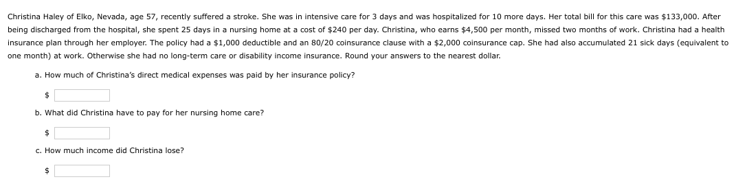 Christina Haley of Elko, Nevada, age 57, recently suffered a stroke. She was in intensive care for 3 days and was hospitalized for 10 more days. Her total bill for this care was $133,000. After
being discharged from the hospital, she spent 25 days in nursing home at a cost of $240 per day. Christina, who earns $4,500 per month, missed two months of work. Christina had a health
insurance plan through her employer. The policy had a $1,000 deductible and an 80/20 coinsurance clause with a $2,000 coinsurance cap. She had also accumulated 21 sick days (equivalent to
one month) at work. Otherwise she had no long-term care or disability income insurance. Round your answers to the nearest dollar.
a. How much of Christina's direct medical expenses was paid by her insurance policy?
$
b. What did Christina have to pay for her nursing home care?
$
c. How much income did Christina lose?
$