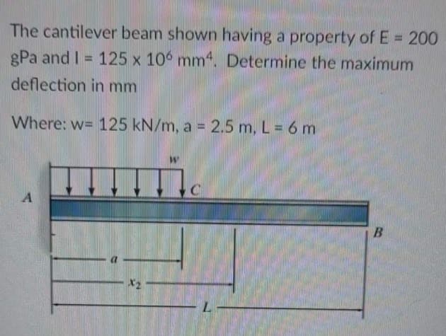 The cantilever beam shown having a property of E = 200
gPa and I = 125 x 106 mm4. Determine the maximum
deflection in mm
Where: w= 125 kN/m, a = 2.5 m, L = 6 m
A
X₂-
C
L
B