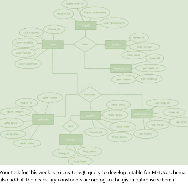 login role id
login usemame
login id
user password
Login
user id
user name
role id
user mobile
Has
Roles
role name
user omail
role desc
per id
user address
Permission
per role id
per name
per module
Manage
upid name
upld id
wp img id
med desc
upid img-id
wp id
med type
wall papers
upleads
upld type
wp type
wp dese
Has
med title
ed id
upid desc
wp name
med name
upld date
Img desc
img id
img type
Your task for this week is to create SQL query to develop a table for MEDIA schema
also add all the necessary constraints according to the given database schema.
