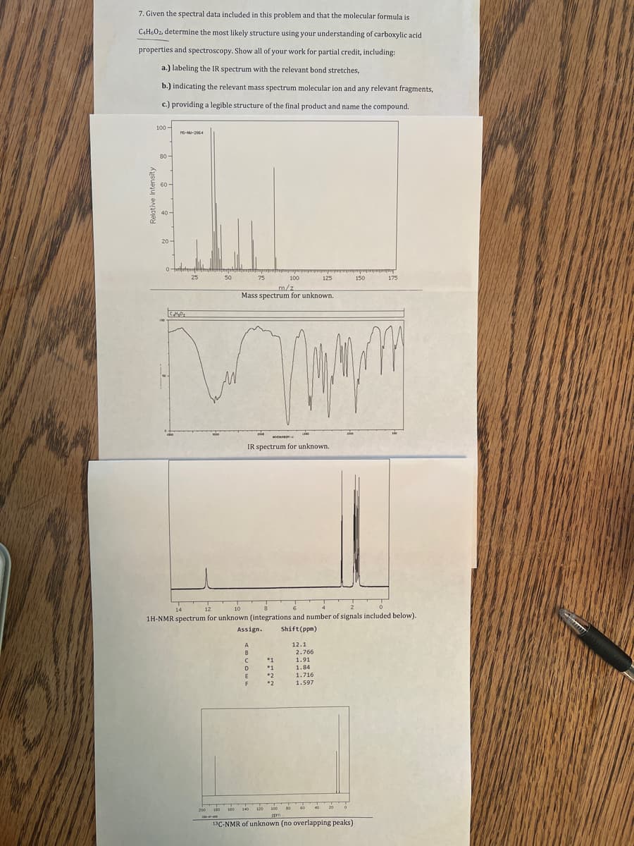 7. Given the spectral data included in this problem and that the molecular formula is
C,H6O2, determine the most likely structure using your understanding of carboxylic acid
properties and spectroscopy. Show all of your work for partial credit, including:
a.) labeling the IR spectrum with the relevant bond stretches,
b.) indicating the relevant mass spectrum molecular ion and any relevant fragments,
c.) providing a legible structure of the final product and name the compound.
100-
S--264
80-
60-
40-
20-
25
50
75
100
125
150
175
m/z
Mass spectrum for unknown.
IR spectrum for unknown.
12
10
14
1H-NMR spectrum for unknown (integrations and number of signals included below).
Assign.
Shift(ppm)
A
12.1
B
2.766
*1
1.91
1.84
1.716
*1
E
*2
*2
1.597
200 o 1eo 140 120 s00 0
40
20
180
13C-NMR of unknown (no overlapping peaks)
