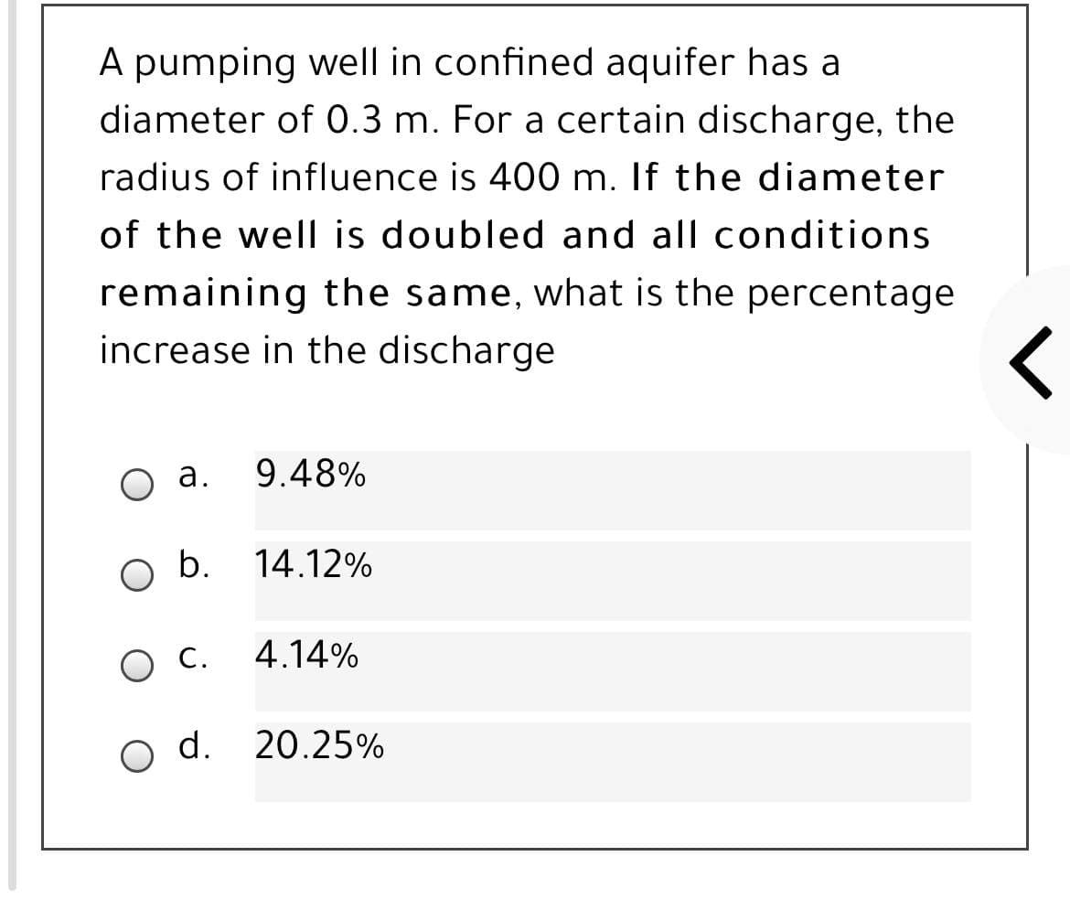 A pumping well in confined aquifer has a
diameter of 0.3 m. For a certain discharge, the
radius of influence is 400 m. If the diameter
of the well is doubled and all conditions
remaining the same, what is the percentage
increase in the discharge
а.
9.48%
b.
14.12%
ос.
4.14%
o d. 20.25%
