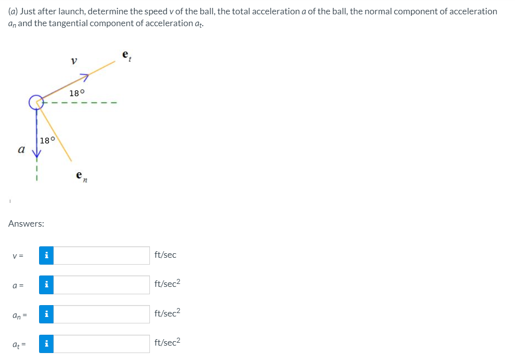 (a) Just after launch, determine the speed v of the ball, the total acceleration a of the ball, the normal component of acceleration
an and the tangential component of acceleration at.
18°
180
a
Answers:
V =
i
ft/sec
i
ft/sec2
a =
i
ft/sec2
an =
i
ft/sec2
at =
