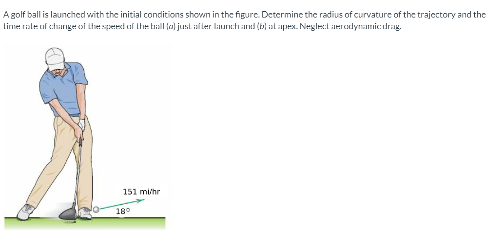 A golf ball is launched with the initial conditions shown in the figure. Determine the radius of curvature of the trajectory and the
time rate of change of the speed of the ball (a) just after launch and (b) at apex. Neglect aerodynamic drag.
151 mi/hr
18°
