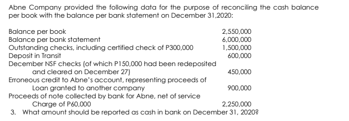 Abne Company provided the following data for the purpose of reconciling the cash balance
per book with the balance per bank statement on December 31,2020:
Balance per book
Balance per bank statement
Outstanding checks, including certified check of P300,000
Deposit in Transit
December NSF checks (of which P150,000 had been redeposited
2,550,000
6,000,000
1,500,000
600,000
and cleared on December 27)
450,000
Erroneous credit to Abne's account, representing proceeds of
Loan granted to another company
Proceeds of note collected by bank for Abne, net of service
900,000
Charge of P60,000
2,250,000
3. What amount should be reported as cash in bank on December 31, 2020?
