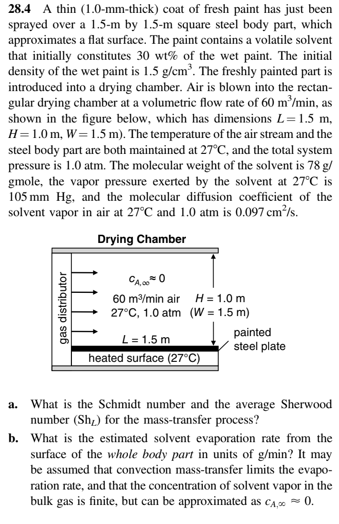 28.4 A thin (1.0-mm-thick) coat of fresh paint has just been
sprayed over a 1.5-m by 1.5-m square steel body part, which
approximates a flat surface. The paint contains a volatile solvent
that initially constitutes 30 wt% of the wet paint. The initial
density of the wet paint is 1.5 g/cm³. The freshly painted part is
introduced into a drying chamber. Air is blown into the rectan-
gular drying chamber at a volumetric flow rate of 60 m³/min, as
shown in the figure below, which has dimensions L = 1.5 m,
H=1.0 m, W= 1.5 m). The temperature of the air stream and the
steel body part are both maintained at 27°C, and the total system
pressure is 1.0 atm. The molecular weight of the solvent is 78 g/
gmole, the vapor pressure exerted by the solvent at 27°C is
105 mm Hg, and the molecular diffusion coefficient of the
solvent vapor in air at 27°C and 1.0 atm is 0.097 cm²/s.
Drying Chamber
gas distributor
CA,000
60 m³/min air
H = 1.0 m
27°C, 1.0 atm (W = 1.5 m)
L = 1.5 m
heated surface (27°C)
painted
steel plate
a. What is the Schmidt number and the average Sherwood
number (Sh₂) for the mass-transfer process?
b. What is the estimated solvent evaporation rate from the
surface of the whole body part in units of g/min? It may
be assumed that convection mass-transfer limits the evapo-
ration rate, and that the concentration of solvent vapor in the
bulk gas is finite, but can be approximated as CA, ≈ 0.