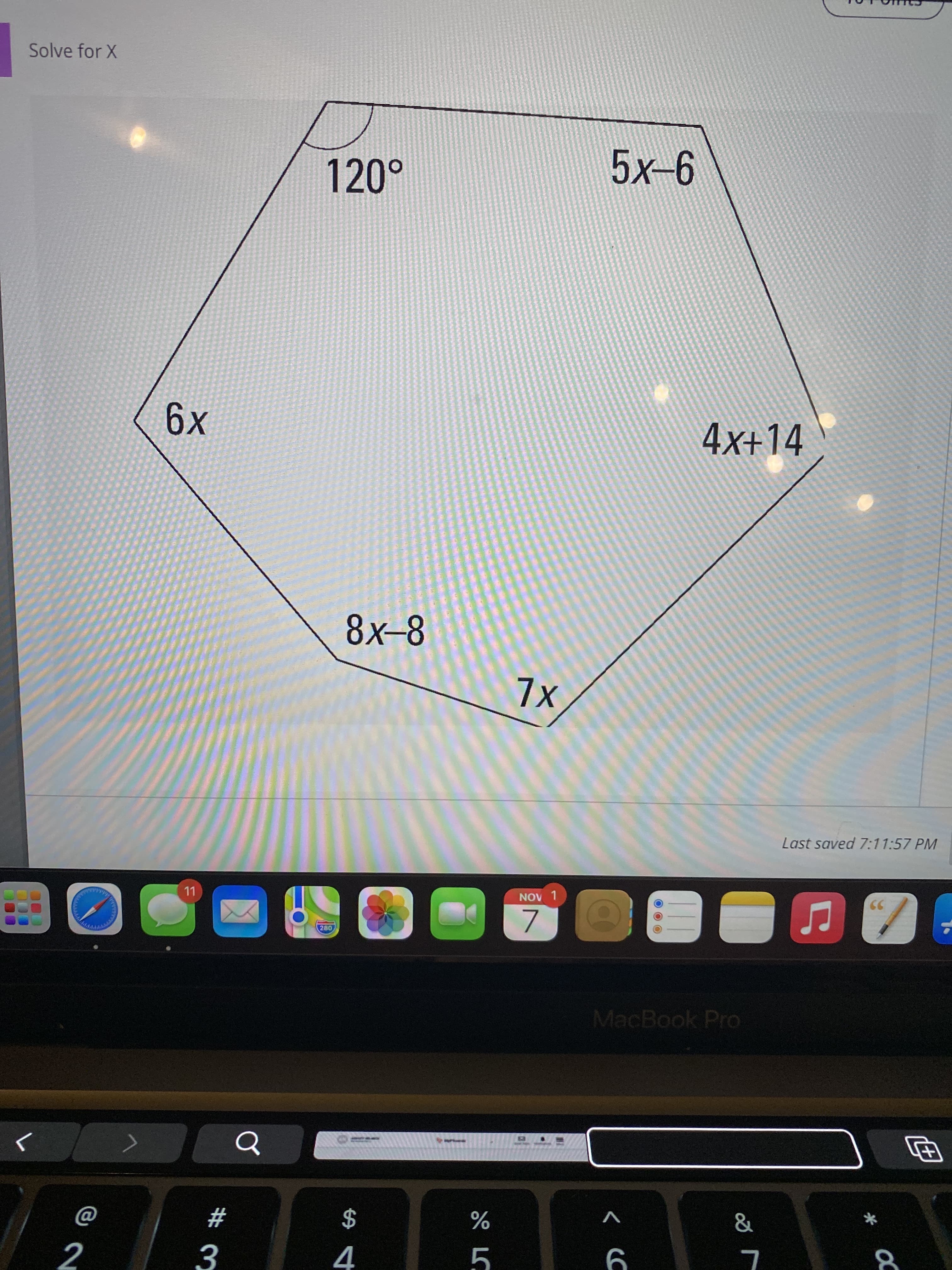 Solve for X
4x+14
8-X-8
X L
Last saved 7:11:57 PM
LL
MacBook Pro
$
4
V
2
3.
