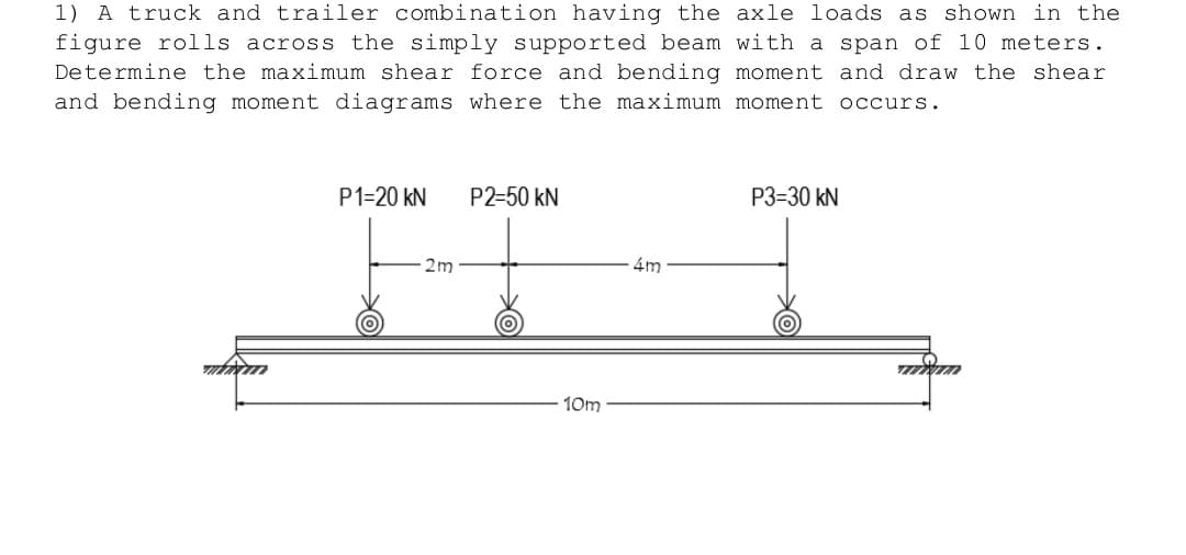 1) A truck and trailer combination having the axle loads as shown in the
figure rolls across the simply supported beam with a span of 10 meters.
Determine the maximum shear force and bending moment and draw the shear
and bending moment diagrams where the maximum moment occurs.
P1=20 KN
P2-50 kN
P3-30 KN
4m
O
wha
2m
10m