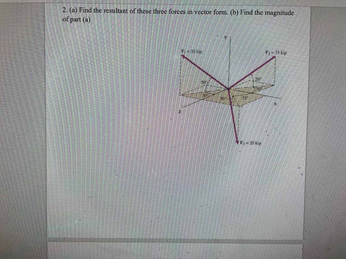 2. (a) Find the resultant of these three forces in vector form. (b) Find the magnitude
of part (a)
F₁ = 30 kip
50%
30⁰
36°
33°
26°
F3 = 20 kip
F₂= 35 kip
X