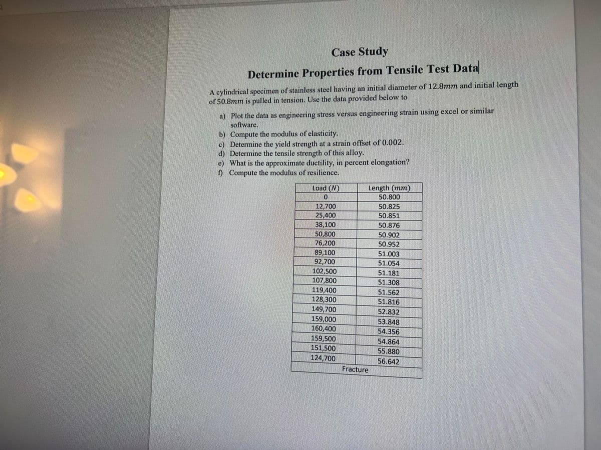 Case Study
Determine Properties from Tensile Test Data
A cylindrical specimen of stainless steel having an initial diameter of 12.8mm and initial length
of 50.8mm is pulled in tension. Use the data provided below to
a) Plot the data as engineering stress versus engineering strain using excel or similar
software.
b) Compute the modulus of elasticity.
c) Determine the yield strength at a strain offset of 0.002.
d) Determine the tensile strength of this alloy.
e) What is the approximate ductility, in percent elongation?
f) Compute the modulus of resilience.
Load (N)
Length (mm)
50.800
12,700
25,400
38,100
50,800
76,200
50.825
50.851
50.876
50.902
50.952
89,100
92,700
51.003
51.054
102,500
107,800
119,400
128,300
149,700
159,000
160,400
159,500
151,500
124,700
51.181
51.308
51.562
51.816
52.832
53.848
54.356
54.864
55.880
56.642
Fracture
