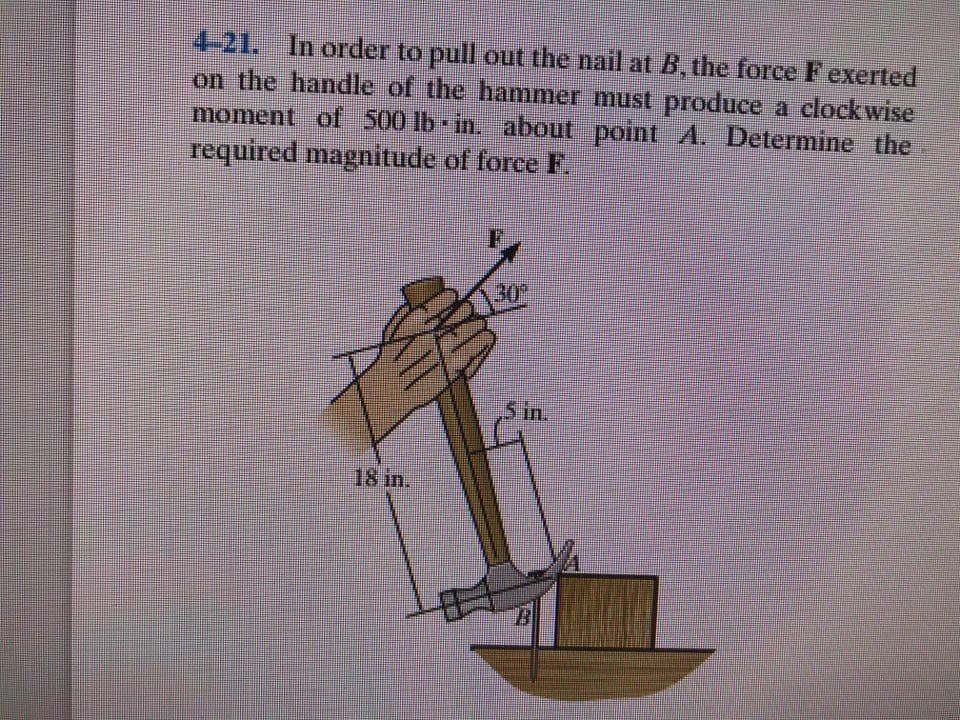 4-21. In order to pull out the nail at B, the force F exerted
on the handle of the hammer must produce a clockwise
moment of 500 lb in. about point A. Determine the
required magnitude of foree F.
