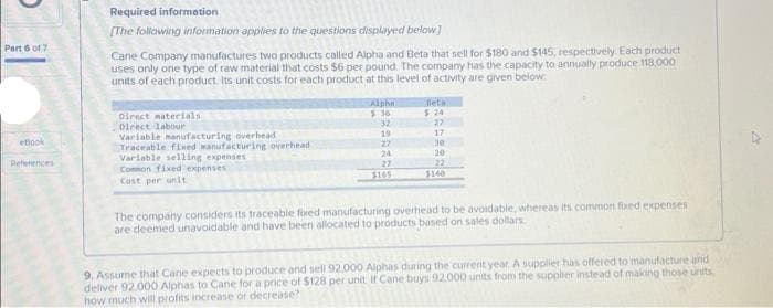 Part 6 of 7
eBook
References
Required information
[The following information applies to the questions displayed below]
Cane Company manufactures two products called Alpha and Beta that sell for $180 and $145, respectively. Each product
uses only one type of raw material that costs $6 per pound. The company has the capacity to annually produce 118,000
units of each product. Its unit costs for each product at this level of activity are given below.
Direct materials
Direct labour
Variable manufacturing overhead
Traceable fixed manufacturing overhead
Variable selling expenses
Common fixed expenses
Cost per unit
Alpha
5:36
32
19
27
24
27
Beta
$24
27
17
30
20
22
$140
The company considers its traceable foxed manufacturing overhead to be avoidable, whereas its common fixed expenses
are deemed unavoidable and have been allocated to products based on sales dollars.
9. Assume that Cane expects to produce and sell 92.000 Alphas during the current year. A supplier has offered to manufacture and
deliver 92.000 Alphas to Cane for a price of $128 per unit If Cane buys 92,000 units from the supplier instead of making those units
how much will profits increase or decrease?