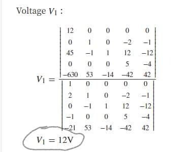 Voltage V1 :
12
0 0
1
-2
-1
45
-1
1
12
-12
-4
-630 53
-14 -42
42
V1 =
1
2
1
-2
-1
-1
1
12
-12
-1
5
-4
21 53
-14
-42
42
V1 = 12V
||
