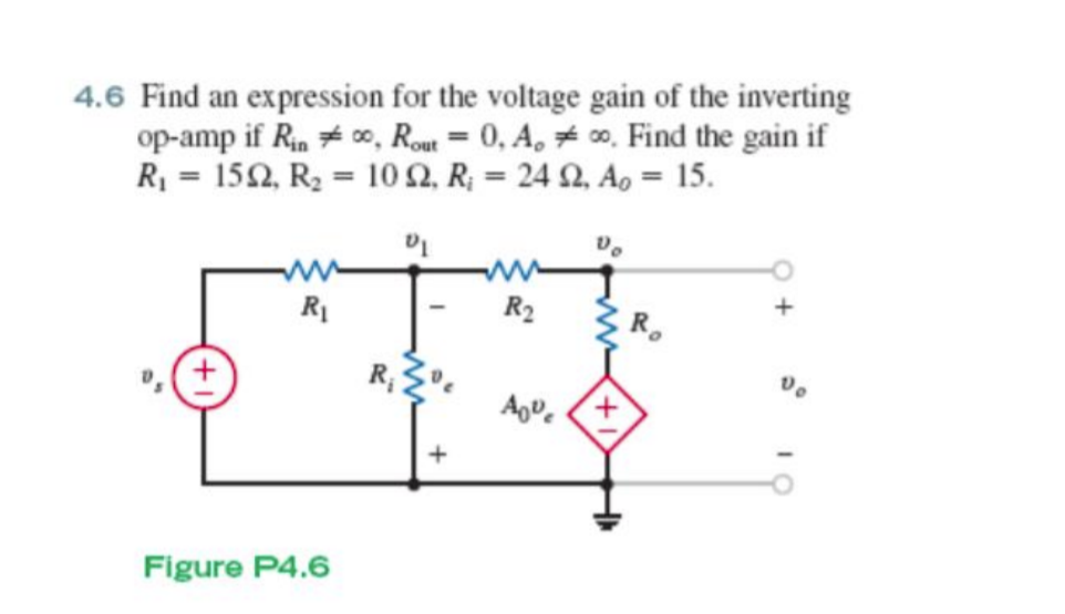 4.6 Find an expression for the voltage gain of the inverting
op-amp if Rn # 0, Rout = 0, A, # 00, Find the gain if
R = 152, R2 = 10 2, R; = 24 2, A, = 15.
R1
R2
R;
Ago. (+
Figure P4.6
