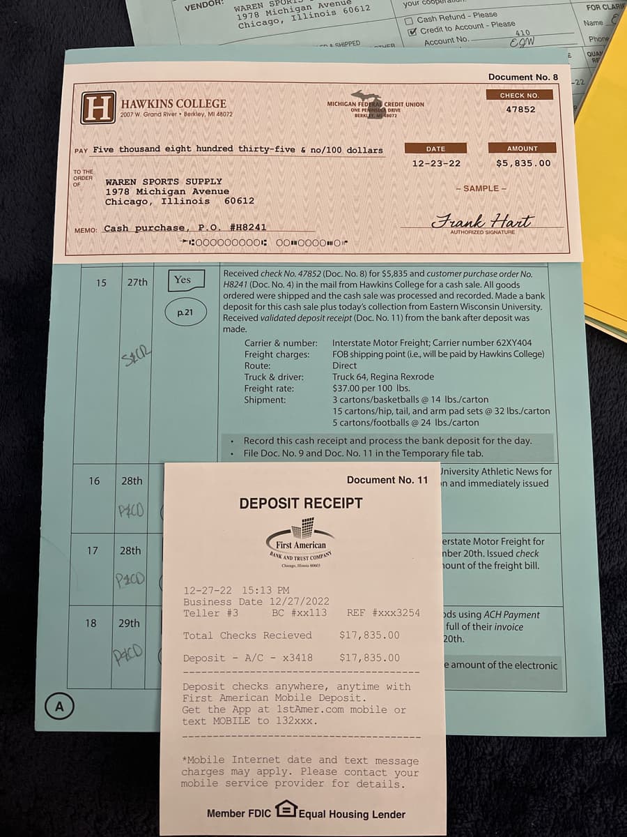 WAREN SP
1978 Michigan Avenue
Chicago, Illinois 60612
VENDOR
your coope
FOR CLARIE
O Cash Refund - Please
V Credit to Account - Please
410
Name
Account No.
EGW
Phone
-nA SHIPPED
QUAN
RE
Document No. 8
CHECK NO.
HAWKINS COLLEGE
MICHIGAN FÉDERAL CREDIT UNION
ONE PENINSA DRIVE
47852
2007 W. Grand River Berkley, MI 48072
PAY Five thousand eight hundred thirty-five & no/100 dollars
DATE
AMOUNT
12-23-22
$5,835.00
TO THE
ORDER
OF
WAREN SPORTS SUPPLY
1978 Michigan Avenue
Chicago, Illinois
- SAMPLE -
60612
Frank Hart
Cash purchase, P.O. #H8241
MEMO
AUTHORIZED SIGNATURE
►:000000000: O0O000Or
Received check No. 47852 (Doc. No. 8) for $5,835 and customer purchase order No.
H8241 (Doc. No. 4) in the mail from Hawkins College for a cash sale. All goods
ordered were shipped and the cash sale was processed and recorded. Made a bank
deposit for this cash sale plus today's collection from Eastern Wisconsin University.
Received validated deposit receipt (Doc. No. 11) from the bank after deposit was
made.
15
27th
Yes
р. 21
Interstate Motor Freight; Carrier number 62XY404
FOB shipping point (i.e., will be paid by Hawkins College)
Direct
Carrier & number:
Freight charges:
Route:
Truck 64, Regina Rexrode
$37.00 per 100 lbs.
3 cartons/basketballs @ 14 Ibs./carton
15 cartons/hip, tail, and arm pad sets @ 32 Ibs./carton
5 cartons/footballs @ 24 Ibs./carton
Truck & driver:
Freight rate:
Shipment:
Record this cash receipt and process the bank deposit for the day.
File Doc. No. 9 and Doc. No. 11 in the Temporary file tab.
Jniversity Athletic News for
n and immediately issued
16
28th
Document No. 11
DEPOSIT RECEIPT
PACD
erstate Motor Freight for
nber 20th. Issued check
ount of the freight bill.
First American
17
28th
BANK AND TRUST COMP AN
Chicago, linois 6
PACD
12-27-22 15:13 PM
Business Date 12/27/2022
Teller #3
BC #xx113
REF #xxx3254
ods using ACH Payment
full of their invoice
18
29th
Total Checks Recieved
$17,835.00
20th.
PACD,
Deposit - A/C - x3418
$17,835.00
e amount of the electronic
Deposit checks anywhere, anytime with
First American Mobile Deposit.
Get the App at 1stAmer.com mobile or
text MOBILE to 132xxx.
*Mobile Internet date and text message
charges may apply. Please contact your
mobile service provider for details.
Member FDIC
Equal Housing Lender
