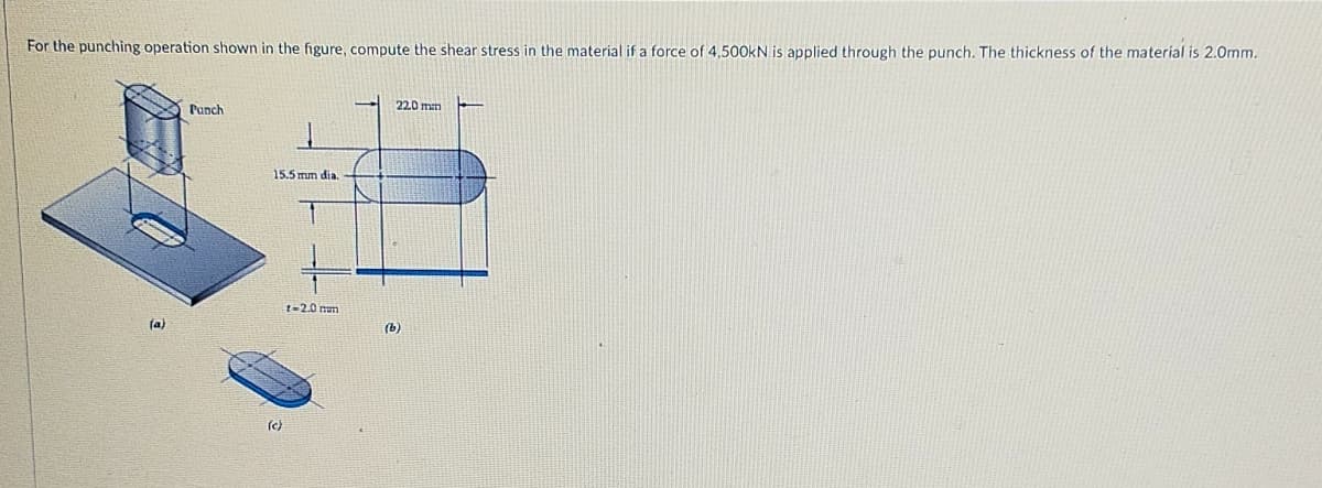 For the punching operation shown in the figure, compute the shear stress in the material if a force of 4,500KN is applied through the punch. The thickness of the material is 2.0mm.
220 mm
Panch
15.5 mm dia
t=2.0 nm
fa)
(b)
