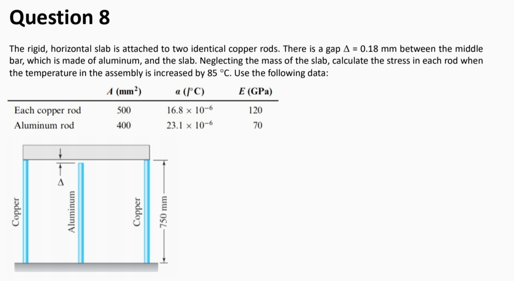 Question 8
The rigid, horizontal slab is attached to two identical copper rods. There is a gap A = 0.18 mm between the middle
bar, which is made of aluminum, and the slab. Neglecting the mass of the slab, calculate the stress in each rod when
the temperature in the assembly is increased by 85 °C. Use the following data:
A (mm²)
a (/°C)
E (GPa)
Each copper rod
500
16.8 × 10-6
120
Aluminum rod
400
23.1 × 10-6
70
Copper
Aluminum
Copper
750 mm
