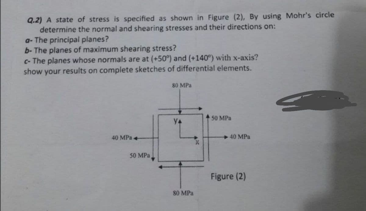 Q.2) A state of stress is specified as shown in Figure (2), By using Mohr's circle
determine the normal and shearing stresses and their directions on:
a- The principal planes?
b- The planes of maximum shearing stress?
c- The planes whose normals are at (+50°) and (+140°) with x-axis?
show your results on complete sketches of differential elements.
80 MPa
50 MPa
YA
40 MPa +
50 MPa,
80 MPa
40 MPa
Figure (2)