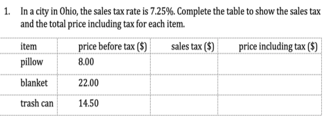 In a city in Ohio, the sales tax rate is 7.25%. Complete the table to show the sales tax
and the total price including tax for each item.
item
price before tax ($)
sales tax ($)
price including tax ($)
pillow
8.00
blanket
22.00
trash can
14.50
