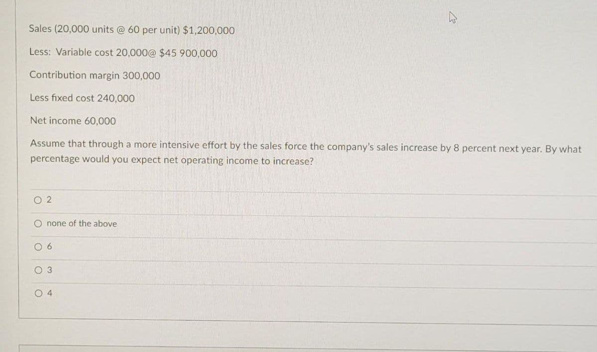 Sales (20,000 units @ 60 per unit) $1,200,000
Less: Variable cost 20,000@ $45 900,000
Contribution margin 300,000
Less fixed cost 240,000
Net income 60,000
Assume that through a more intensive effort by the sales force the company's sales increase by 8 percent next year. By what
percentage would you expect net operating income to increase?
O 2
O none of the above
O 6
O 3
O 4
