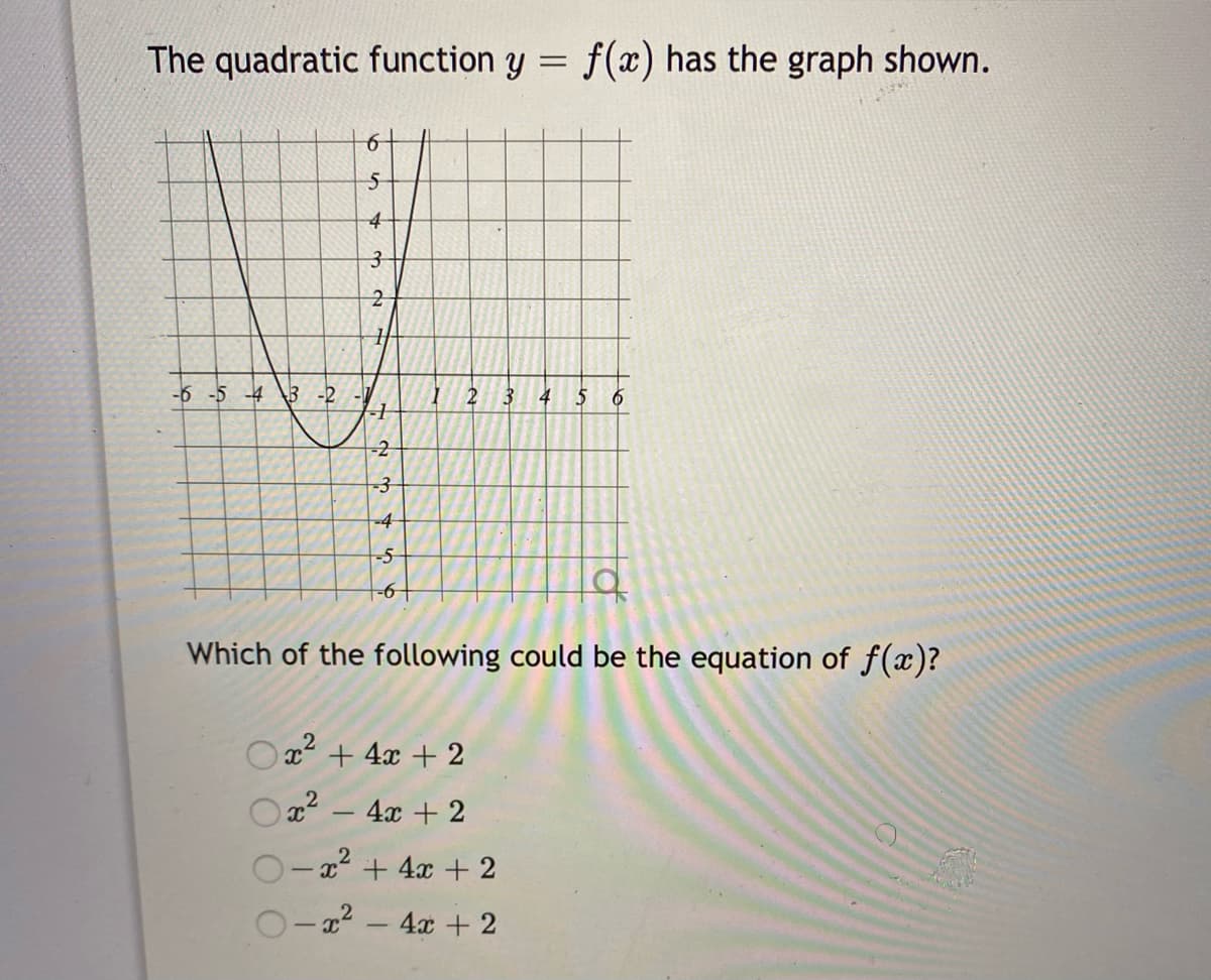 The quadratic function y = f(x) has the graph shown.
-6 -5 -4
4 5
-2
-3
-4
-5
-6+
Which of the following could be the equation of f(x)?
x + 4x + 2
x² - 4x + 2
x + 4x + 2
O-x2 – 4x + 2
