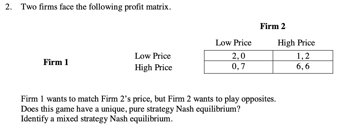 2. Two firms face the following profit matrix.
Firm 1
Low Price
High Price
Low Price
2,0
0,7
Firm 2
Firm 1 wants to match Firm 2's price, but Firm 2 wants to play opposites.
Does this game have a unique, pure strategy Nash equilibrium?
Identify a mixed strategy Nash equilibrium.
High Price
1,2
6,6