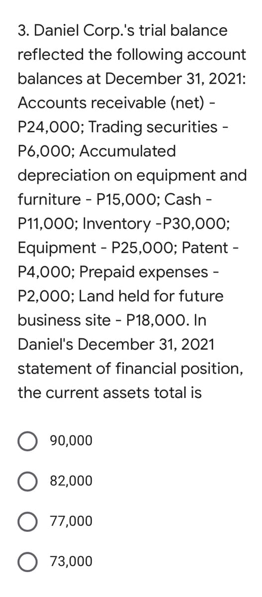 3. Daniel Corp.'s trial balance
reflected the following account
balances at December 31, 2021:
Accounts receivable (net) -
P24,000; Trading securities -
P6,000; Accumulated
depreciation on equipment and
furniture - P15,000; Cash -
P11,000; Inventory -P30,000;
Equipment - P25,000; Patent -
P4,000; Prepaid expenses -
P2,000; Land held for future
business site - P18,000. In
Daniel's December 31, 2021
statement of financial position,
the current assets total is
90,000
82,000
77,000
73,000
