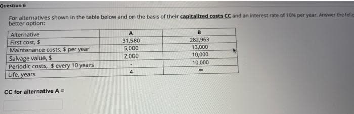 Question 6
For alternatives shown in the table below and on the basis of their capitalized costs CC and an interest rate of 10% per year. Answer the follc
better option:
Alternative
A
First cost, $
Maintenance costs, $ per year
Salvage value, $
Periodic costs, $ every 10 years
Life, years
31,580
5,000
2,000
282,963
13,000
10,000
10,000
4.
CC for alternative A=
