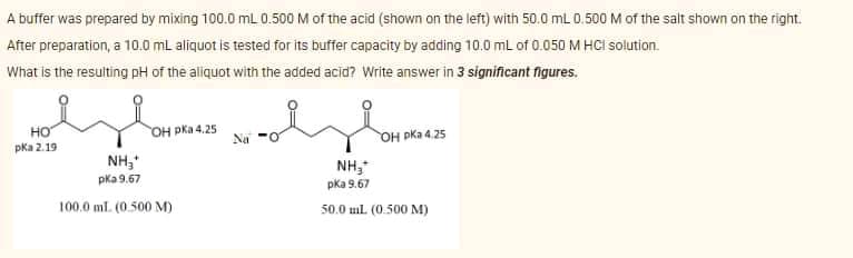 A buffer was prepared by mixing 100.0 mL 0.500 M of the acid (shown on the left) with 50.0 mL 0.500 M of the salt shown on the right.
After preparation, a 10.0 mL aliquot is tested for its buffer capacity by adding 10.0 mL of 0.050 M HCI solution.
What is the resulting pH of the aliquot with the added acid? Write answer in 3 significant figures.
но
pka 2.19
OH PKa 4.25
Na
OH PKa 4.25
NH,
pka 9.57
NH,
pka 9.67
100.0 ml. (0.500 M)
50.0 ml (0.500 M)
