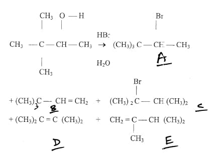 CH3 0 -H
Br
HB:
CH, --С—СH — CH, > (CH); С — СЕ — СH,
A
H20
CH3
Br
+ (CH;)C-CH = CH, + (CH;) 2 C- CH (CH;)2
+ (CH3); С %3D С (CH)2
CH2 = C-CH (CH3)2
CH3
E
Al
