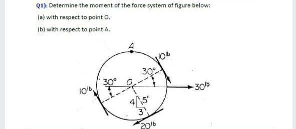 Q1): Determine the moment of the force system of figure below:
(a) with respect to point O.
(b) with respect to point A.
30
30°
106,
-30b
3
2016
in
