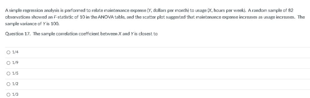 A simple regression analysis is performed to relate maintenance expense (Y, dollars per month) to usage (X, hours per week). A random sample of 82
observations showed an F-statistic of 10 in the ANOVA table, and the scatter plot suggested that maitenance expense increases as usage increases. The
sample variance of Y is 100.
Question 17. The sample correlation coefficient between X and Y is closest to
O 1/4
O 1/9
O 1/5
O 1/2
O 1/3
o ooo o
