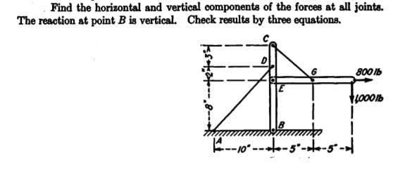 Find the horizontal and vertical components of the forces at all joints.
The reaction at point B is vertical. Check results by three equations.
800 Ib
E--10 ---5-e-5".
