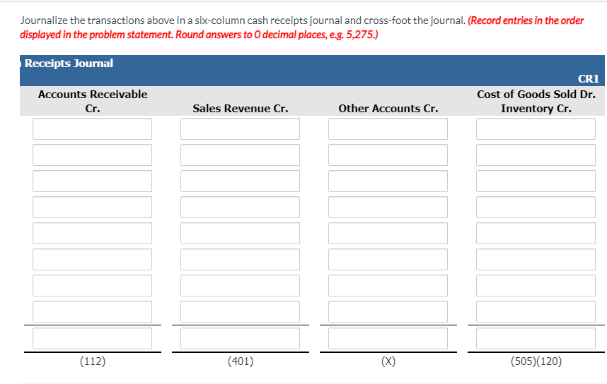 Journalize the transactions above in a six-column cash receipts journal and cross-foot the journal. (Record entries in the order
displayed in the problem statement. Round answers to O decimal places, e.g. 5,275.)
Receipts Journal
CR1
Accounts Receivable
Cost of Goods Sold Dr.
Cr.
Sales Revenue Cr.
Other Accounts Cr.
Inventory Cr.
(112)
(401)
(X)
(505)(120)
