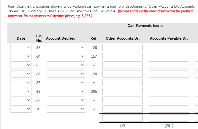 Journalize the transactions above in a four-column cash payments journal with columns for Other Accounts Dr., Accounts
Payable Dr., Inventory Cr., and Cash Cr. Foot and cross-foot the journal. (Record entries in the order displayed in the problem
statement. Round answers to O decimal places, eg. 5,275.)
Cash Payments Journal
Ck.
Date
Account Debited
Ref.
Other Accounts Dr.
Accounts Payable Dr.
No.
63
120
64
157
65
66
120
67
68
306
69
70
(X)
(201)
>
>
>
>
>
>
>
>
>
>
>
>
>
>
