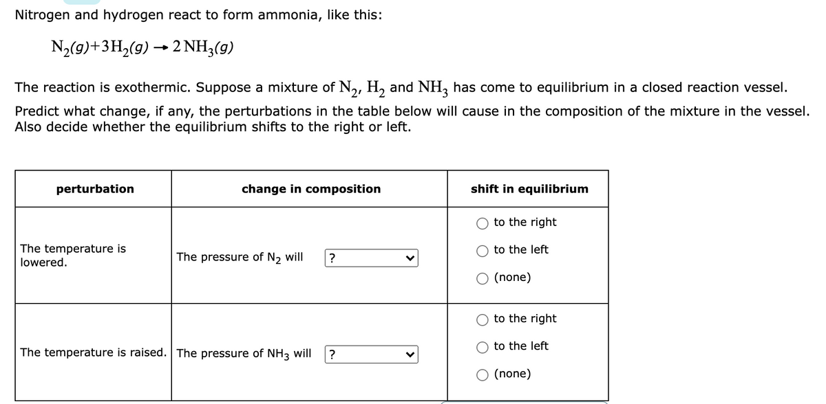 Nitrogen and hydrogen react to form ammonia, like this:
N2(9)+3H,(g) → 2 NH,(g)
The reaction is exothermic. Suppose a mixture of N,, H, and NH, has come to equilibrium in a closed reaction vessel.
Predict what change, if any, the perturbations in the table below will cause in the composition of the mixture in the vessel.
Also decide whether the equilibrium shifts to the right or left.
perturbation
change in composition
shift in equilibrium
to the right
The temperature is
lowered.
to the left
The pressure of N, will
O (none)
to the right
to the left
The temperature is raised. The pressure of NH3 will
(none)
